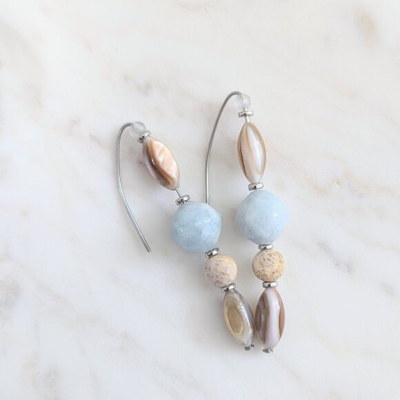 Coastal Aquamarine, Jasper and Shell Steel Hook Drop Earrings - Picture 3 of 8